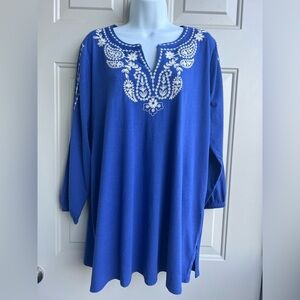 J. Jill Blue Embroidered Split Neck Tunic Top Size L Boho 3/4 Sleeve Royal Blue